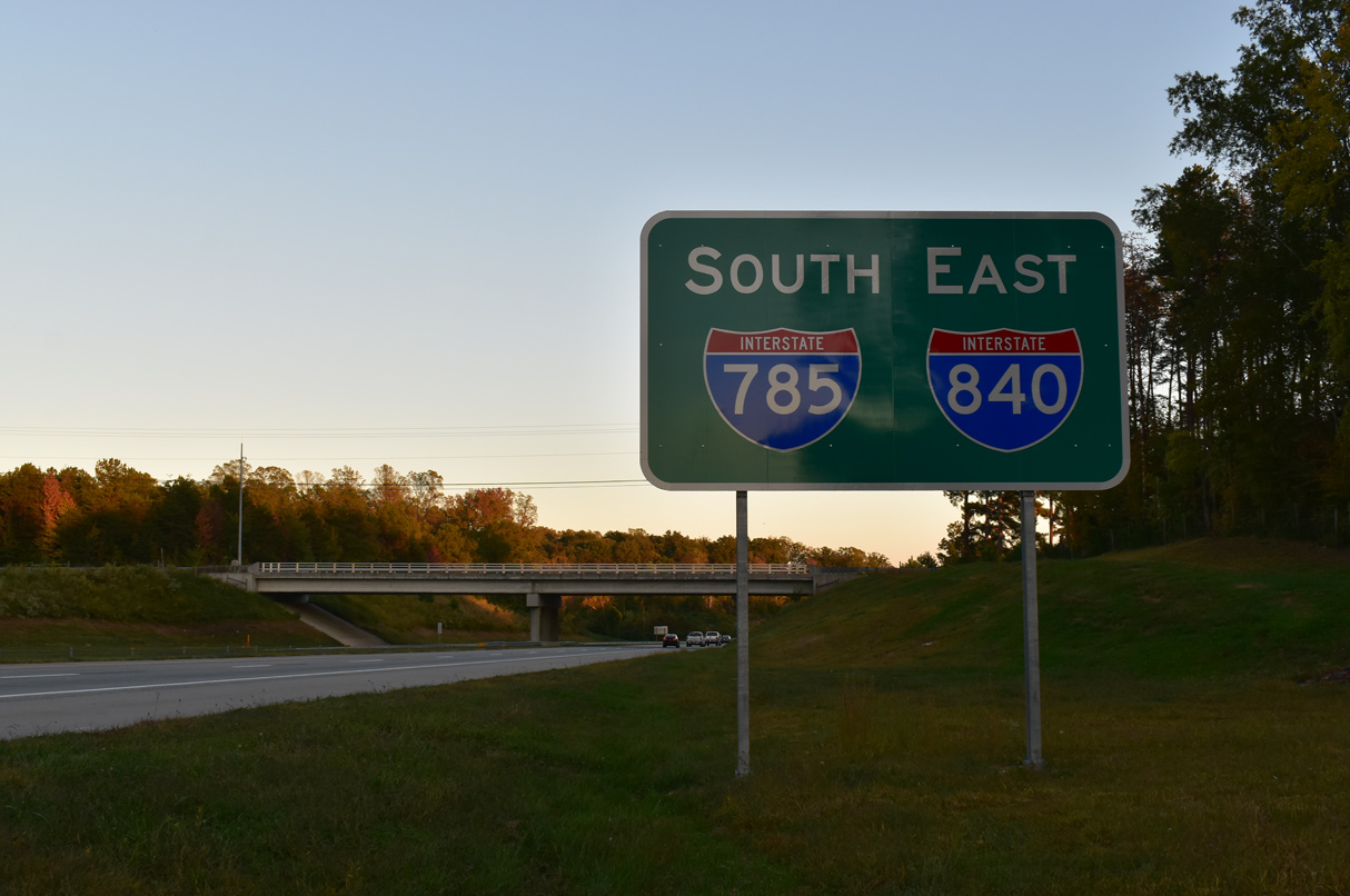 I-785 south / I-840 east sign assembly posted after U.S. 29 in Greensboro, NC