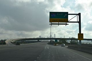 The flyover from the Central Avenue Bridge eastbound to the Jay B. Dillingham Freeway provides part of a Breezewood connection from I-70 east to Interstate 670.