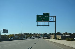 Exit 1A links Interstate 670 west with Central Avenue west ahead of its parclo interchange with I-70/U.S. 24-40-169.