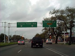 A four lane viaduct along Elysian Fields Avenue (LA 3021) north spans Florida Avenue and a CSX Railroad midway between ramps with I-10 and I-610 at the St. Roch neighborhood. Removed by 2007, this vintage sign bridge directed motorists to the Florida Avenue off-ramp on this stretch.
