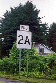 End Route 2A shield assembly posted at the rotary interchange with Interstate 91 at Greenfield.