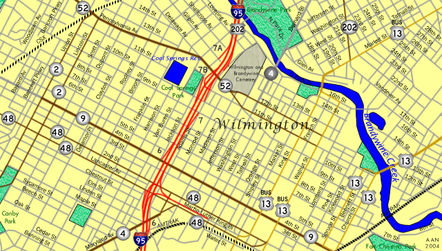 Map of central Wilmington, Delaware