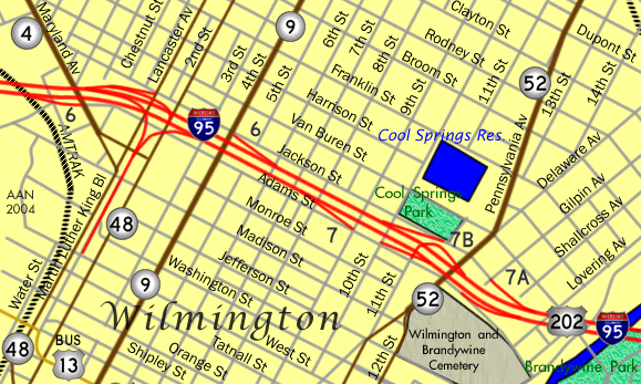 Map of I-95 along the Adams-Jackson Freeway in Wilmington, DE