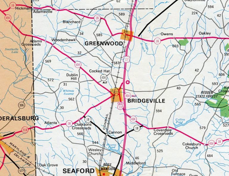 Former SR 404A bypassing Bridgeville - 1990 Delaware Official Highway Map