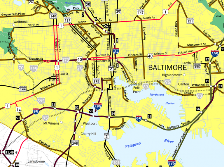 Map of proposed alignments for Interstate 95 in Baltimore