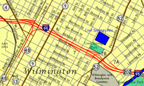 Map of Interstate 95 through Wilmington, Delaware