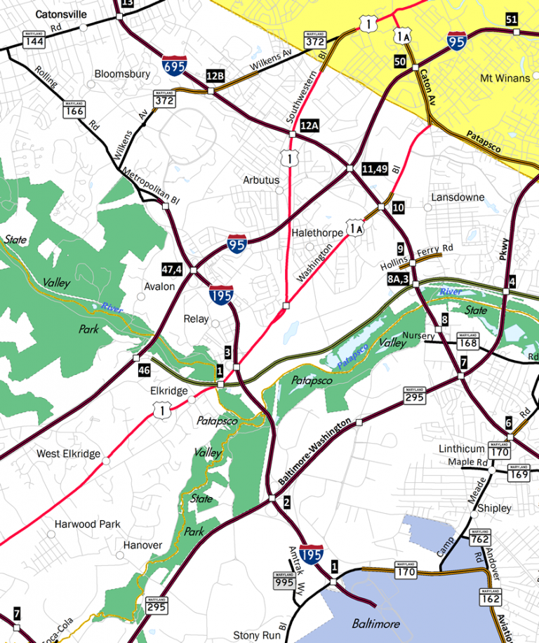Map of Interstate 195 in Maryland