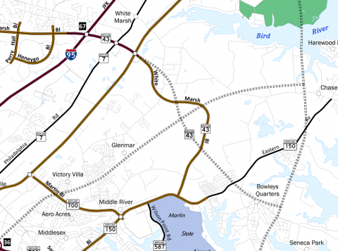 Map showing the cancelled extension of Maryland Route 43