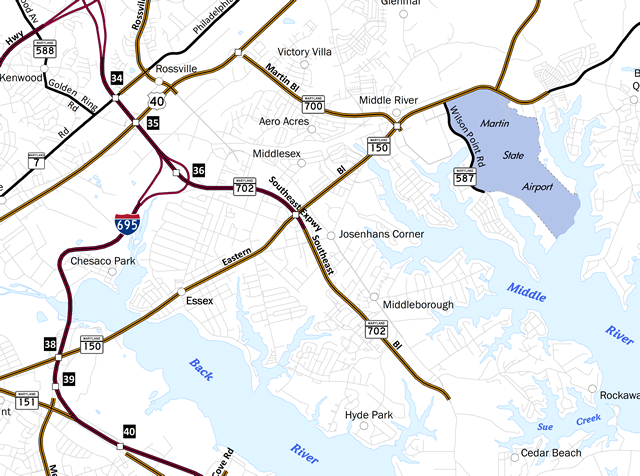 Map showing Maryland Routes 700 and 702
