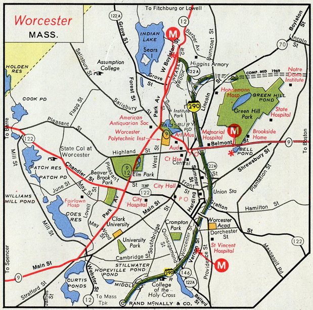 1969 map showing Worcester and I-290 (Worcester Expressway)