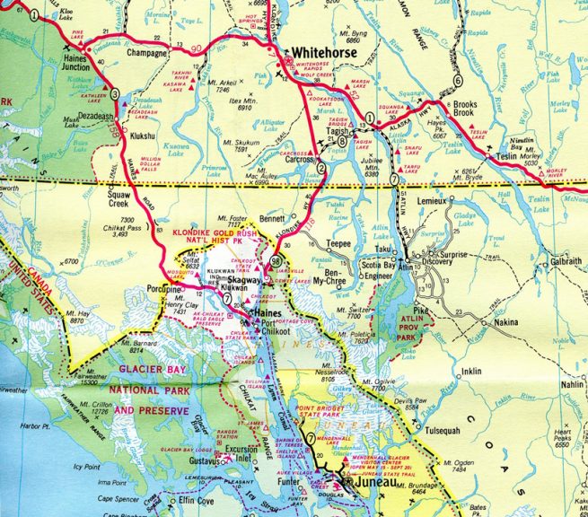1996 map showing Klondike Hwy to Skagway, AK designated as SR 98