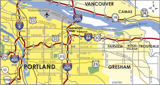 Map of Interstate 84 at Portland, Oregon