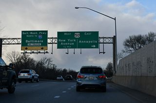 The exit for U.S. 50 (John Hanson Highway) east to Annapolis follows from MD 201 (Kenilworth Avenue Freeway) north. Once U.S. 50 crosses the Capital Beltway (I-95/495), it becomes part of hidden Interstate 595 to MD 70.