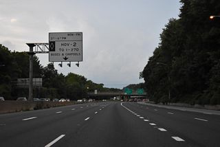 I-270 splits into a local and express configuration from the merge with I-270 Spur northward to Exit 13. The HOV-2 lane continues northward along the dual freeway to Gaithersburg.