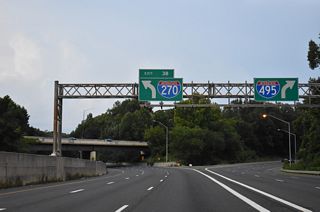 I-270 Spur connects with Democracy Boulevard at Exit 1 nearby before converging with Interstate 270 north between Potomac and North Bethesda.