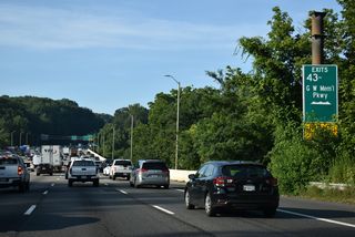 I-495 crosses the Potomac River ahead of Exit 43 with the north end of George Washington Memorial Parkway. The limited access parkway straddles the Potomac River southeast to Langley, Rosslyn and Arlington.