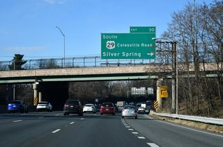 Exit 30 loops onto U.S. 29 (Colesville Road) south. U.S. 29 enters Silver Spring nearby, meeting MD 97 and MD 410 before entering the capital city. Georgia Avenue leads the route south to Petworth and Howard University in D.C.