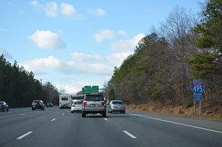 Reassurance marker posted for Interstate 495 west / outer ahead of the MD 212 (Riggs Road) over crossing at Knollwood.