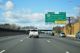 Exit 28A departs I-495 west beside Elton Road onto MD 650 (New Hampshire Avenue) north ahead of Powder Mill Road. Powder Mill Road leads east to merge with MD 212 (Riggs Road) at Knollwood. New Hampshire Avenue bends northwest to the White Oak Federal Research Center and U.S. 29 (Columbia Pike). MD 650 extends to MD 108 (Laytonsville Road) at Etchison.