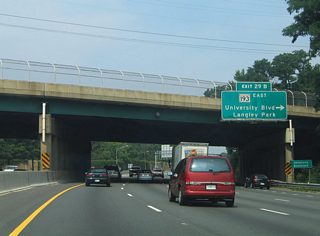 A tight loop ramp (former Exit 29B) carried drivers from Interstate 495 west onto MD 193 (University Boulevard) east. This ramp closed by mid-August 2007. Traffic to MD 193 south now turns left at the signalized end of Exit 29 (old Exit 29A).
University Boulevard constitutes a busy surface arterial between Wheaton and Langley Park. MD 193 follows the roadway east to the University of Maryland campus and College Park.