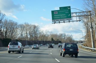 Approaching Exit 33 and MD 185 (Connecticut Avenue) on Interstate 495 west. MD 185 ends 5.6 miles northward at the merge with MD 97 (Georgia Avenue).