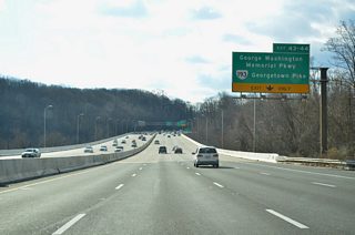 A collector distributor roadway departs Interstate 495 at the south end of the Potomac River crossing into Virginia. Exit 43 provides access to the George Washington Memorial Parkway south; Exit 44 joins the Capital Beltway with SR 193 (Georgetown Pike). Like Clara Barton Parkway, George Washington Parkway straddles the Potomac River along a limited access route that is not open to commercial trucks.