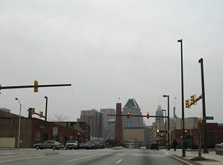 Westbound on Fayette Street at the signalized intersection with Aisquith Street.