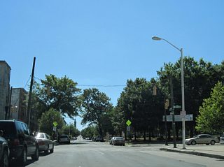 Westbound Fayette Street at Carey Street and Franklin Square park.