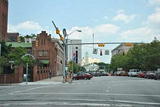 Lexington Street east at Holliday Street north and Baltimore City Hall during a traffic light replacement project.