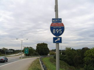 A rare state named shield, since replaced, was posted at the northbound loop ramp to I-95 from Moravia Road south. I-895 and the Harbor Tunnel Thruway end in a half mile at a wye interchange with I-95 near the Baltimore city line.