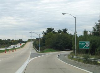 Moravia Road continues south from Interstate 895 to a partial junction with U.S. 40 (Pulaski Highway). Southbound drivers are permitted access onto U.S. 40 westbound but not eastbound. U.S. 40 meets MD 151 (Erdman Avenue) at the Orangeville neighborhood just west of Moravia Road.