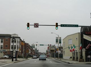 Pratt Street enters Little Italy and meets the one way street couplet of Albemarle and High Streets.