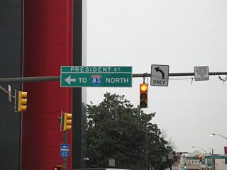 President Street heads north from Pratt Street to become the Jones Falls Expressway (I-83). President Street continues south to Fleet Street, which leads east to Boston Street for Fells Point and Interstate 95.