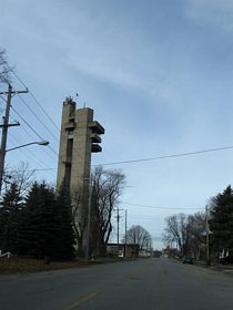 Drivers along East Portage Avenue continue two blocks west to Kimball Street and the Tower of History.
