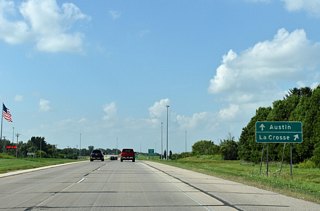 Heading east, I-90 joins U.S. 63 with Le Crosse in western Wisconsin. Austin is found to the west at the crossroads with U.S. 218.