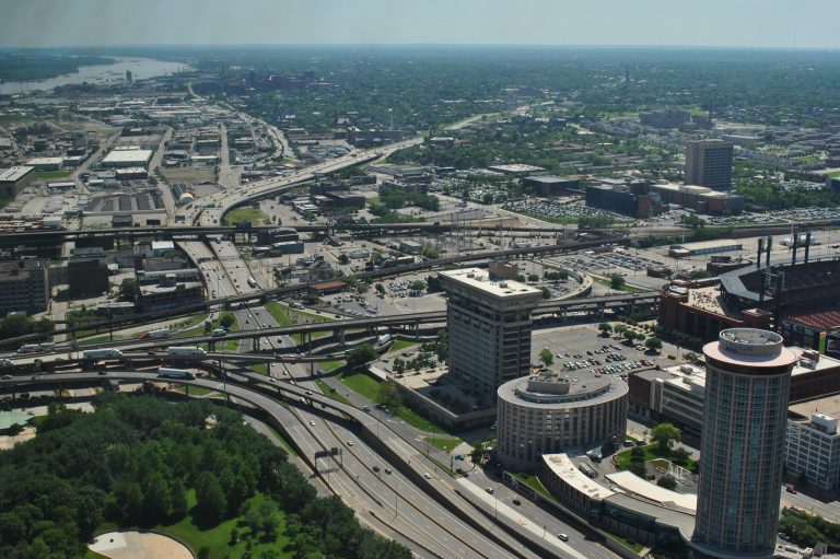 The interchange joining I-44/55/64-U.S. 40 at the west end of the Poplar Street Bridge