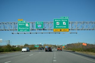 Expanding the northbound roadway to four lanes, U.S. 69 converges with I-635 north ahead of the cloverstack interchange (Exits 11 A/B) with Route 9.
