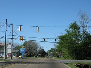 Winter Street leads MS 26 north toward Downtown Lucedale. Traffic signals operate at Church Street.