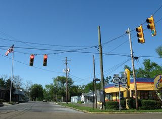 MS 198 (Main Street) loops 9.5 miles through Lucedale between U.S. 98 at C.F. Eubanks Road to the west and Rocky Creek Road to the east.