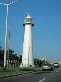The historic Biloxi Lighthouse lies within the median of U.S. 90 (Beach Boulevard) east of Porter Avenue.