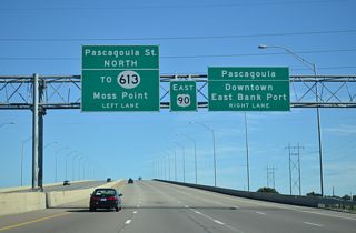 U.S. 90 ascends across a high level bridge spanning the Pascagoula River between MS 617 and Pascagoula Street north of Downtown Pascagoula.
