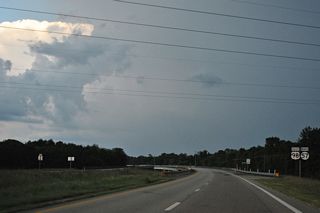 MS 57 north joins U.S. 98 east ahead of the Leaf River. The waterway flows south from near Meridian into the Pascagoula River nearby.