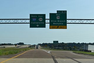 Downtown Olive Branch lies 9.1 miles northwest of Exit 16 B.