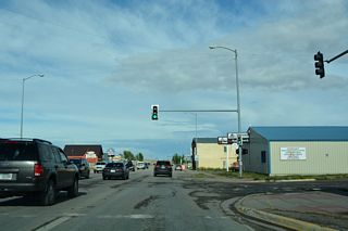 Central Avenue east at the signalized intersection with Piegan Street in Browning.