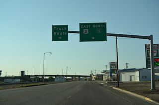 U.S. 2/Business Loop I-15 turn south onto 5th Avenue N at Front Street. Front Street is the truck bypass of the Shelby city center for U.S. 2.