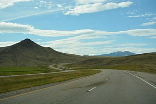 Interstate 15 navigates through an S-curve north of mile marker 95 and the Soap Gulch Road overpas.