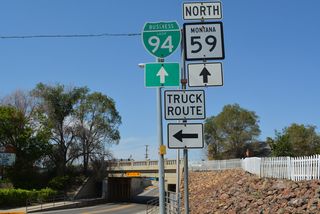 Business Loop I-94 follows the former route of U.S. 10/12 across Miles City. MT 59 accompanies the business route west 0.43 miles into Downtown.