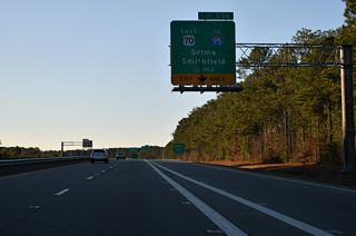 U.S. 70 shifts onto an arterial across Selma at Exit 334. The freeway becomes U.S. 70 Bypass.