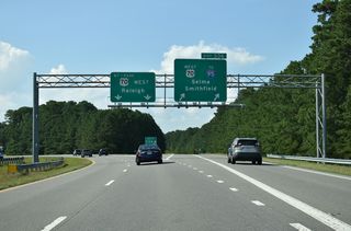 The ensuing 2.63 miles of freeway west from Exit 336 is U.S. 70 Bypass and Future I-42. Interstate 95 crosses U.S. 70 southwest to Fayetteville and northeast to Wilson and Rocky Mount.