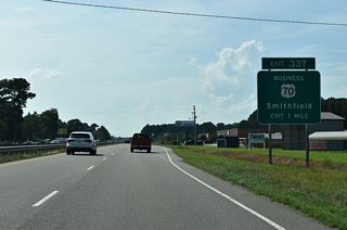 U.S. 70 Business west to Smithfield begins at the parclo A2 interchange at Exit 337 in one mile.